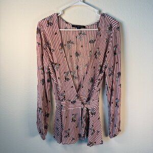 One Love Clothing Pink/white Strip and Floral Wrapped Long Sleeve Shirt Sz‎ M